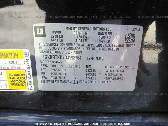 1GKKRTKD7DJ192764 - 2013 GMC ACADIA DENALI BLACK photo 9