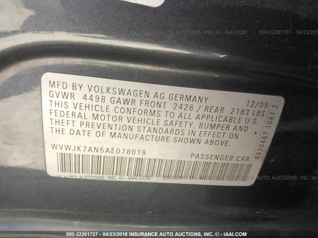 WVWJK7AN5AE078019 - 2010 VOLKSWAGEN PASSAT KOMFORT GRAY photo 9