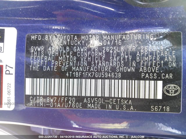 4T1BF1FK7GU594638 - 2016 TOYOTA CAMRY LE/XLE/SE/XSE BLUE photo 9