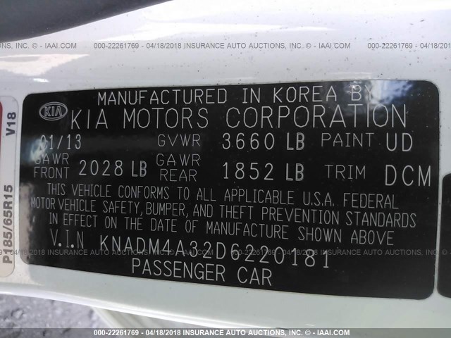 KNADM4A32D6220181 - 2013 KIA RIO LX Սպիտակ լուսանկար 9
