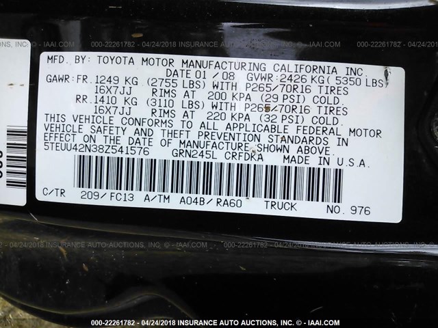 5TEUU42N38Z541576 - 2008 TOYOTA TACOMA ACCESS CAB 黑色 照片 9