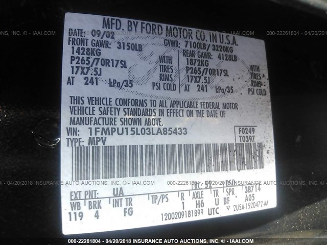 1FMPU15L03LA85433 - 2003 FORD EXPEDITION XLT შავი ფოტო 9