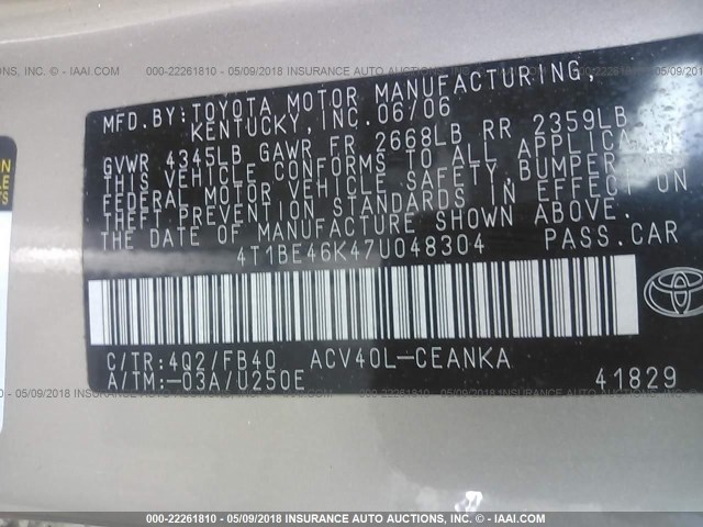 4T1BE46K47U048304 - 2007 TOYOTA CAMRY NEW GENERAT CE/LE/XLE/SE BEIGE photo 9