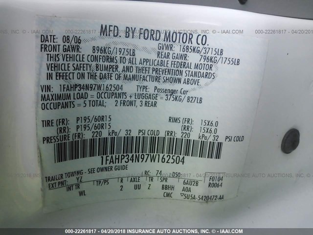 1FAHP34N97W162504 - 2007 FORD FOCUS ZX4/S/SE/SES 白色 照片 9