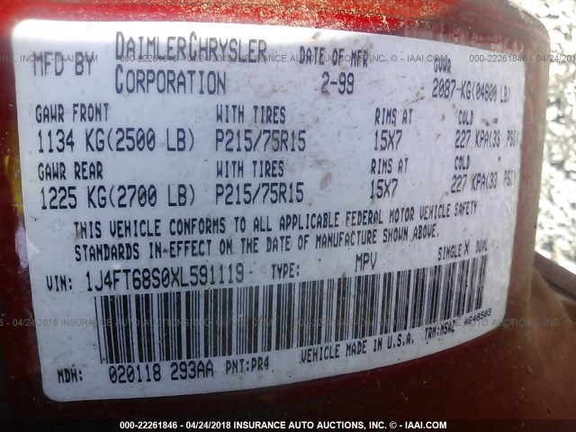 1J4FT68S0XL591119 - 1999 JEEP CHEROKEE SPORT/CLASSIC Czerwony zdjęcie 9