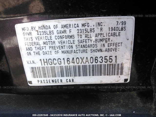 1HGCG1640XA063551 - 1999 HONDA ACCORD LX PURPLE photo 9