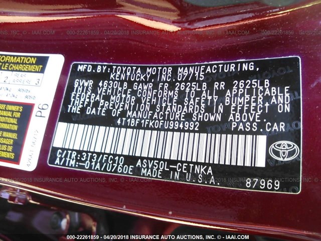 4T1BF1FK0FU994992 - 2015 TOYOTA CAMRY LE/XLE/SE/XSE 红色 照片 9