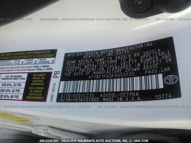 4T1BF1FK0FU053705 - 2015 TOYOTA CAMRY LE/XLE/SE/XSE WHITE photo 9