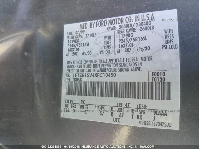 1FTZR15V4XPC10450 - 1999 FORD RANGER SUPER CAB GRAY photo 9