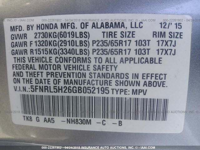 5FNRL5H26GB052195 - 2016 HONDA ODYSSEY LX GRAY photo 9