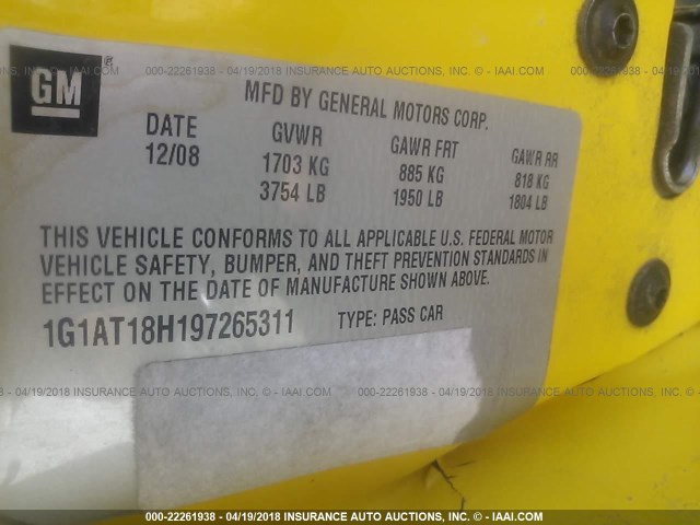 1G1AT18H197265311 - 2009 CHEVROLET COBALT LT YELLOW photo 9