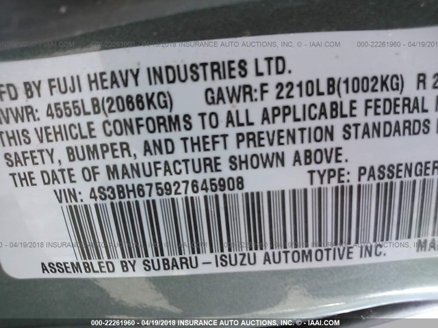 4S3BH675927645908 - 2002 SUBARU LEGACY OUTBACK AWP 绿色 照片 9