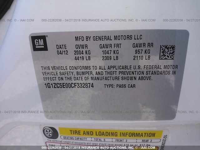 1G1ZC5E00CF332874 - 2012 CHEVROLET MALIBU 1LT 白色 照片 9