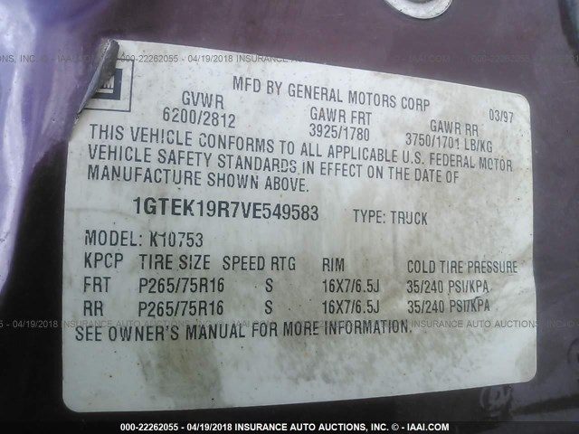 1GTEK19R7VE549583 - 1997 GMC SIERRA K1500 BURGUNDY photo 9