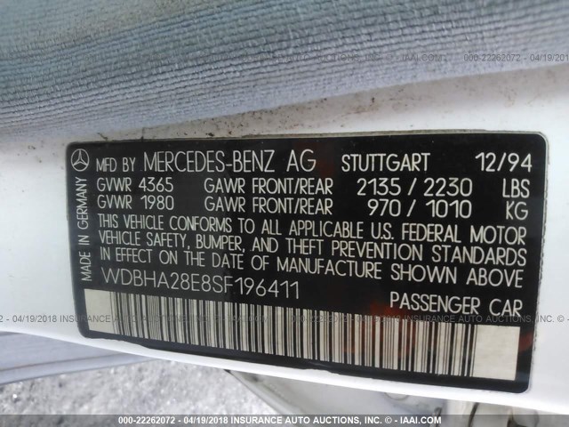 WDBHA28E8SF196411 - 1995 MERCEDES-BENZ C 280 WHITE photo 9