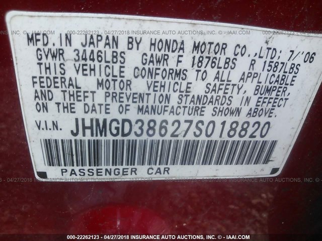 JHMGD38627S018820 - 2007 HONDA FIT S RED photo 9