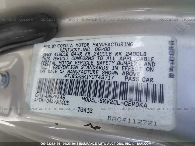 4T1BG22K1YU743717 - 2000 TOYOTA CAMRY CE/LE/XLE 棕色 照片 9