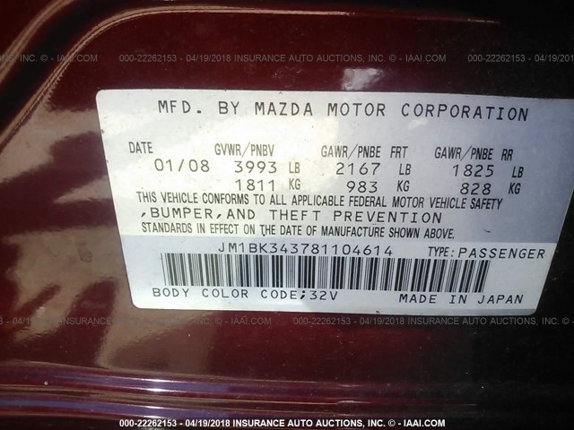 JM1BK343781104614 - 2008 MAZDA 3 HATCHBACK RED photo 9