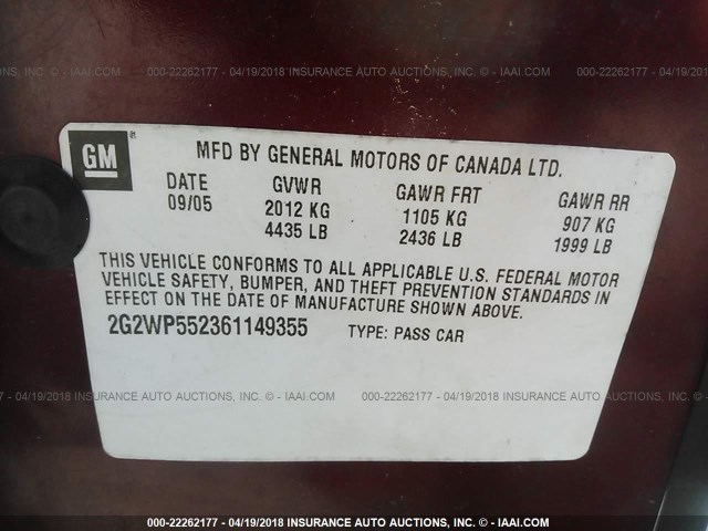 2G2WP552361149355 - 2006 PONTIAC GRAND PRIX მუქწითელი ფოტო 9