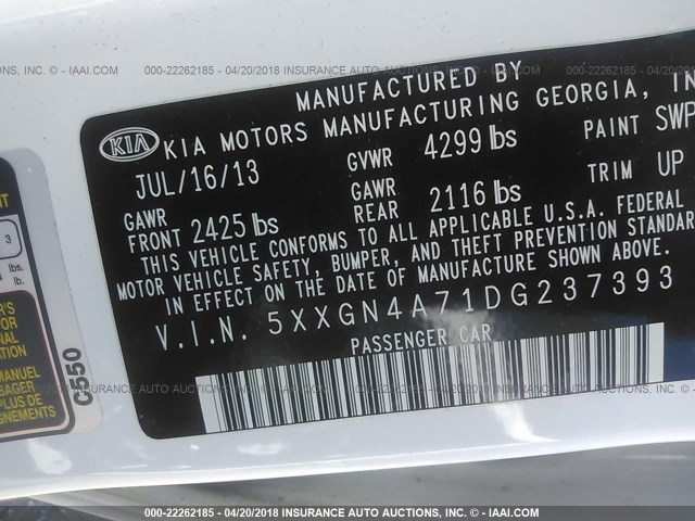 5XXGN4A71DG237393 - 2013 KIA OPTIMA EX WHITE photo 9