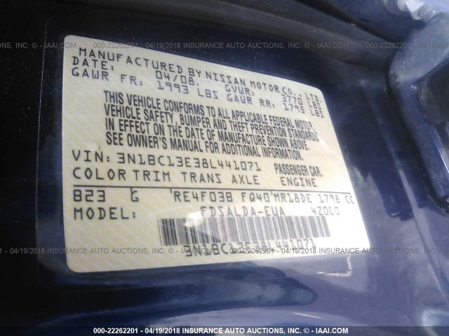 3N1BC13E38L441071 - 2008 NISSAN VERSA S/SL BLUE photo 9