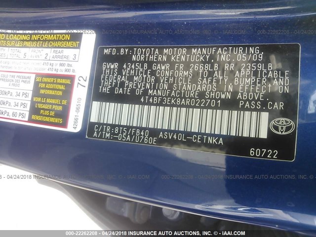 4T4BF3EK8AR022701 - 2010 TOYOTA CAMRY SE/LE/XLE BLUE photo 9