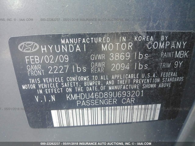 KMHDU46D89U693201 - 2009 HYUNDAI ELANTRA GLS/SE GREEN photo 9