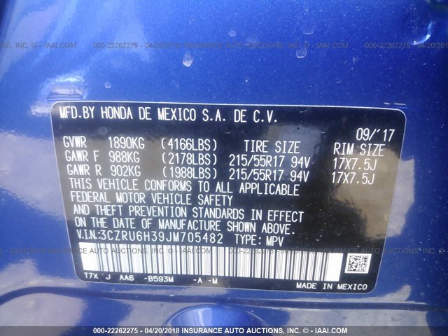 3CZRU6H39JM705482 - 2018 HONDA HR-V LX BLUE photo 9