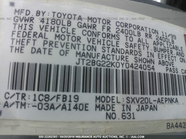 JT2BG22K0Y0424054 - 2000 TOYOTA CAMRY CE/LE/XLE 银色 照片 9