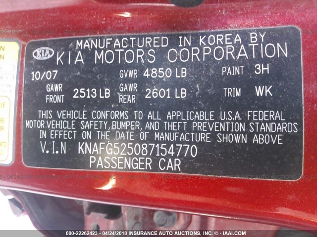 KNAFG525087154770 - 2008 KIA RONDO LX/EX RED photo 9