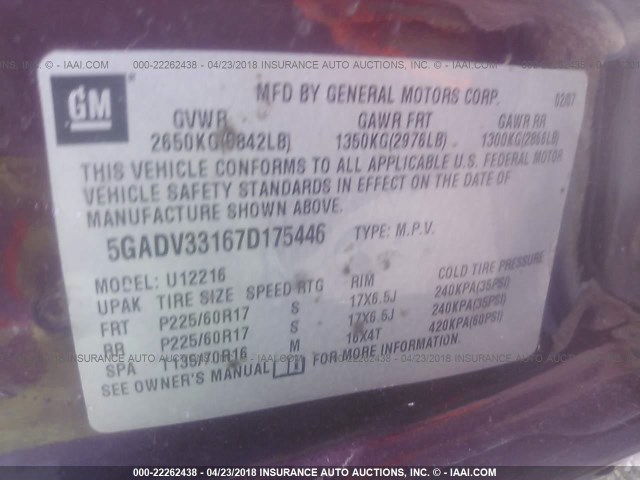 5GADV33167D175446 - 2007 BUICK TERRAZA CXL MAROON photo 9