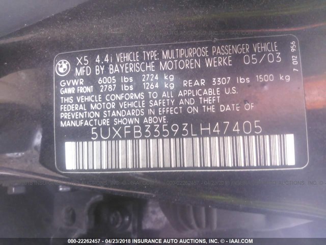 5UXFB33593LH47405 - 2003 BMW X5 4.4I BLACK photo 9