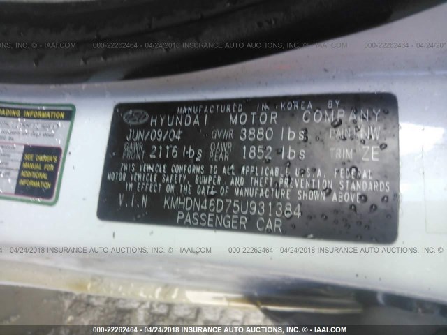 KMHDN46D75U931384 - 2005 HYUNDAI ELANTRA GLS/GT WHITE photo 9