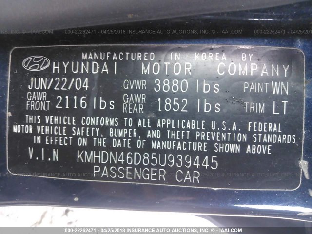 KMHDN46D85U939445 - 2005 HYUNDAI ELANTRA GLS/GT Dark Blue photo 9