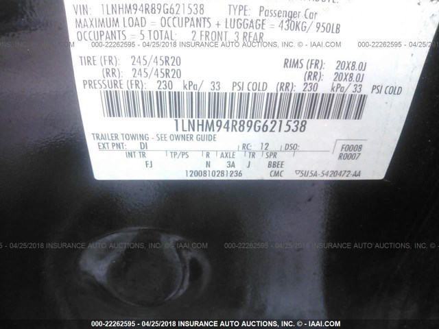 1LNHM94R89G621538 - 2009 LINCOLN MKS BLUE photo 9