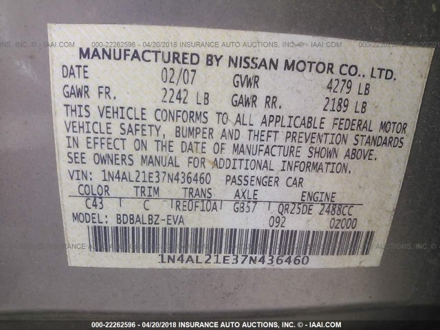 1N4AL21E37N436460 - 2007 NISSAN ALTIMA 2.5/2.5S GRAY photo 9