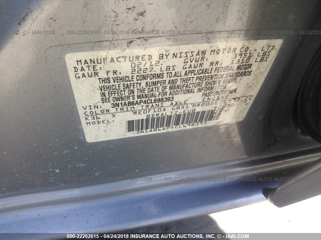 3N1AB6AP4CL698393 - 2012 NISSAN SENTRA 2.0/2.0S/SR/2.0SL GRAY photo 9