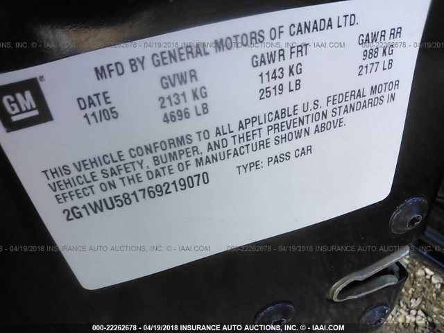 2G1WU581769219070 - 2006 CHEVROLET IMPALA LTZ 黑色 照片 9