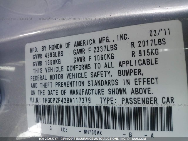 1HGCP2F42BA117379 - 2011 HONDA ACCORD LXP SILVER photo 9