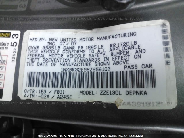 1NXBR32E98Z956103 - 2008 TOYOTA COROLLA CE/LE/S GRAY photo 9