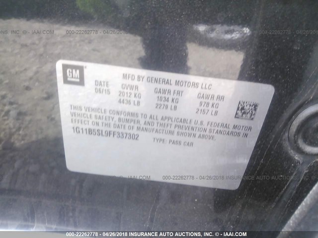 1G11B5SL9FF337302 - 2015 CHEVROLET MALIBU LS ნაცრისფერი ფოტო 9