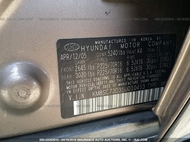 KM8SC73D35U010413 - 2005 HYUNDAI SANTA FE GLS/LX BROWN photo 9