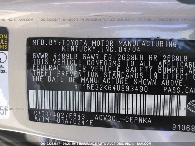 4T1BE32K64U893490 - 2004 TOYOTA CAMRY LE/XLE/SE შამპანური ფოტო 9