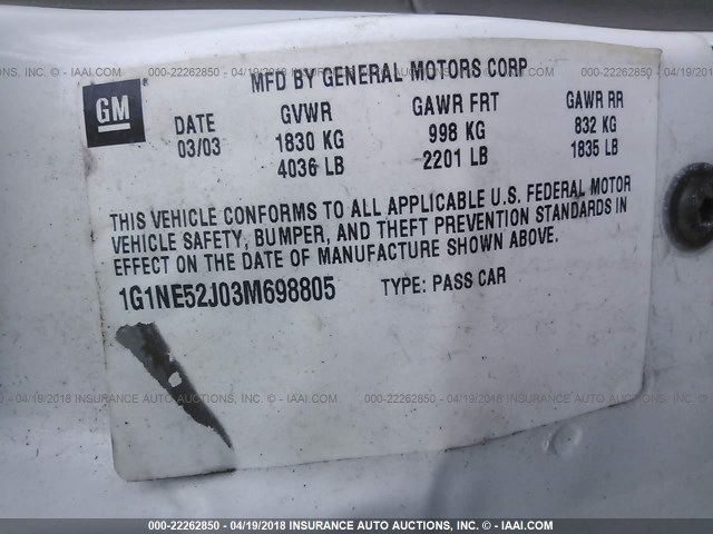 1G1NE52J03M698805 - 2003 CHEVROLET MALIBU LS Ağ foto 9