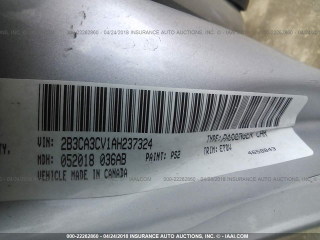 2B3CA3CV1AH237324 - 2010 DODGE CHARGER SXT SILVER photo 9