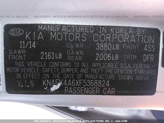 KNAFK4A6XF5368824 - 2015 KIA FORTE LX SILVER photo 9