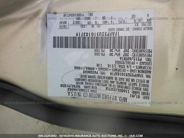 1FAFP52U51G183719 - 2001 FORD TAURUS LX GOLD photo 9