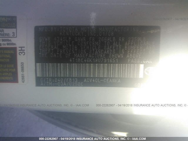 4T1BE46K18U791651 - 2008 TOYOTA CAMRY CE/LE/XLE/SE WHITE photo 9