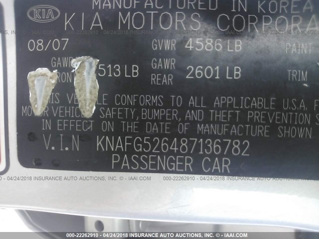 KNAFG526487136782 - 2008 KIA RONDO LX/EX SILVER photo 9