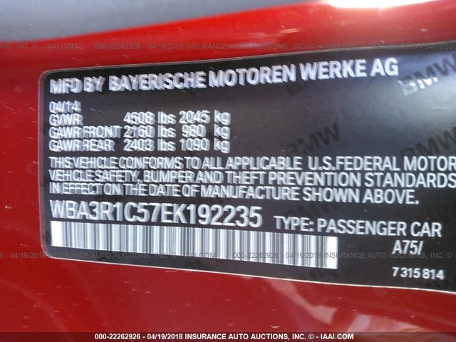 WBA3R1C57EK192235 - 2014 BMW 435 I RED photo 9